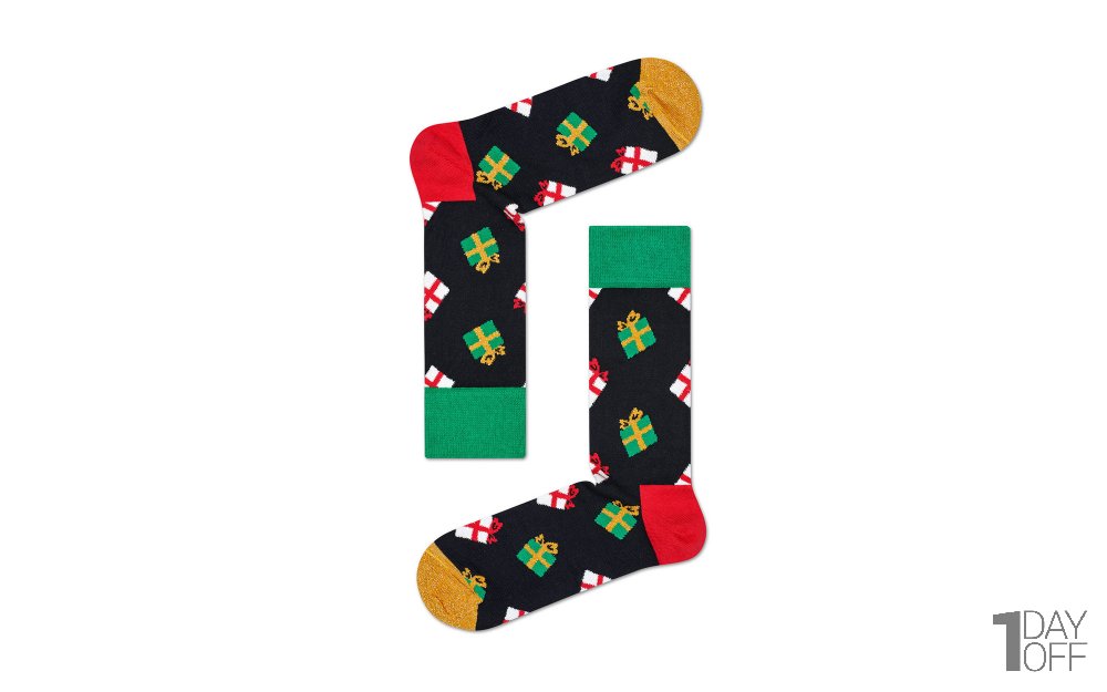 جوراب هپی‌ساکس (Happy Socks) کد 2590 سری کریسمس طرح جعبه هدیه رنگ زمینه مشکی