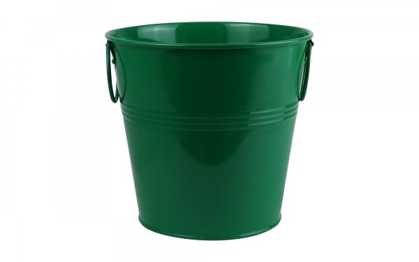 گلدان فلزی سطلی دسته‌ حلقه‌ای ابعاد 20x19x14.5 سانتی‌متر رنگ سبز چمنی