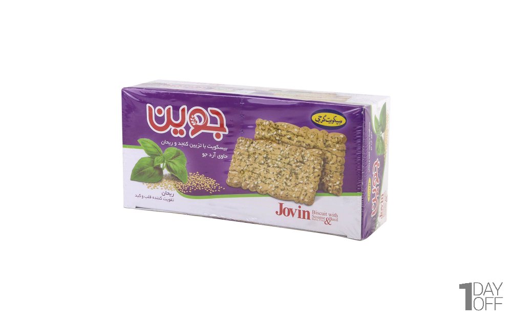 بیسکویت با تزیین کنجد و ریحان حاوی آرد جو جوین گرجی مقدار 500 گرم