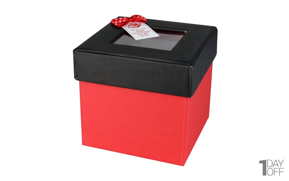 جعبه هدیه مربع رنگ قرمز با درب مشکی طلقی ابعاد 10 سانتی‌متر
