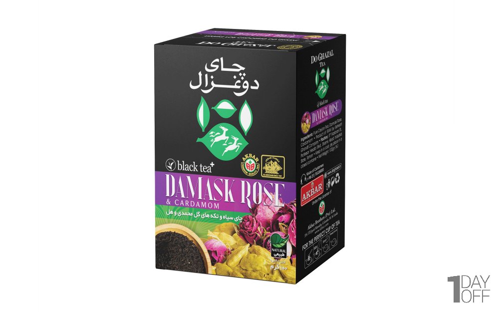 چای سیاه و تکه‌های گل محمدی و هل دوغزال مقدار 100 گرم