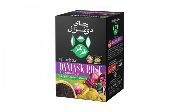 چای سیاه و تکه‌های گل محمدی و هل دوغزال مقدار 100 گرم