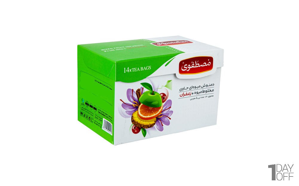 دمنوش مخلوط گیاهی میوه و زعفران کیسه‌ای مثلثی مصطفوی بسته 14 عددی