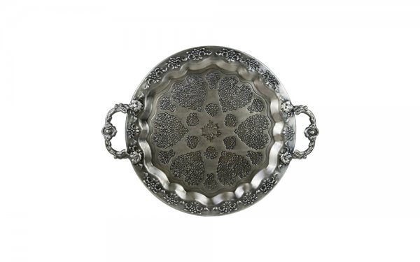 سینی فلزی دایره دسته‌دار سیاه‌قلم پیوتر کد 1568 ابعاد 40x31x3 سانتی‌متر بسته 1 عددی