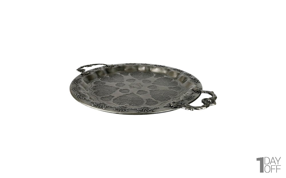 سینی فلزی دایره دسته‌دار سیاه‌قلم پیوتر کد 1568 ابعاد 40x31x3 سانتی‌متر بسته 1 عددی