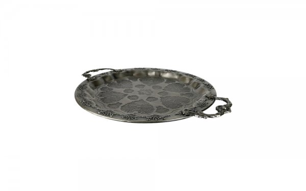 سینی فلزی دایره دسته‌دار سیاه‌قلم پیوتر کد 1568 ابعاد 40x31x3 سانتی‌متر بسته 1 عددی