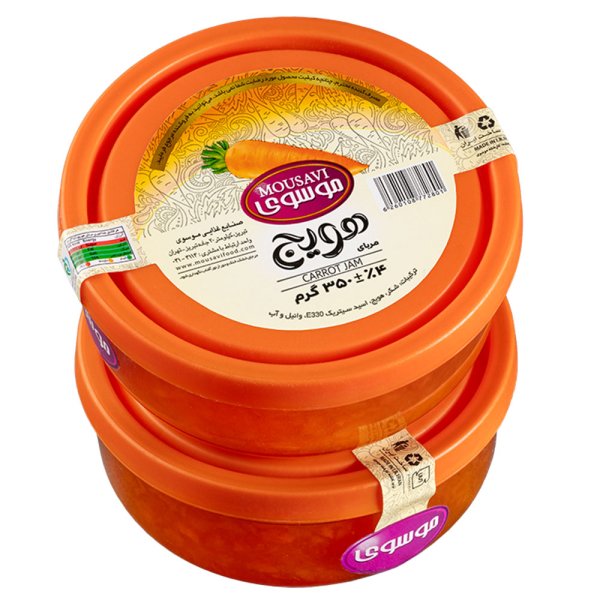 مربا هویج موسوی با ظرف دردار شیشه‌ای قابل استفاده مقدار 350 گرم