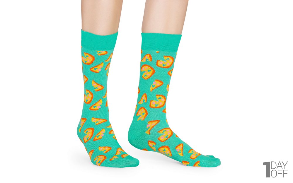  جوراب هپی‌ساکس (Happy Socks) کد 6636 سری غذا طرح پیتزا رنگ زمینه فیروزه‌ای