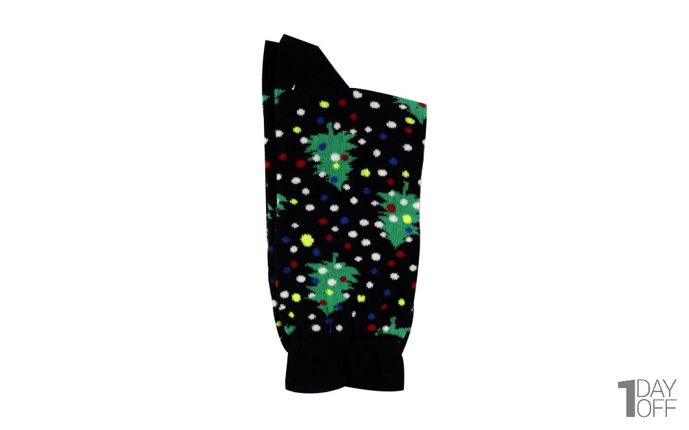 جوراب کد جوراب هپی‌ساکس (Happy Socks) کد 2589 سری کریسمس طرح درخت کریسمس رنگ زمینه مشکی2589