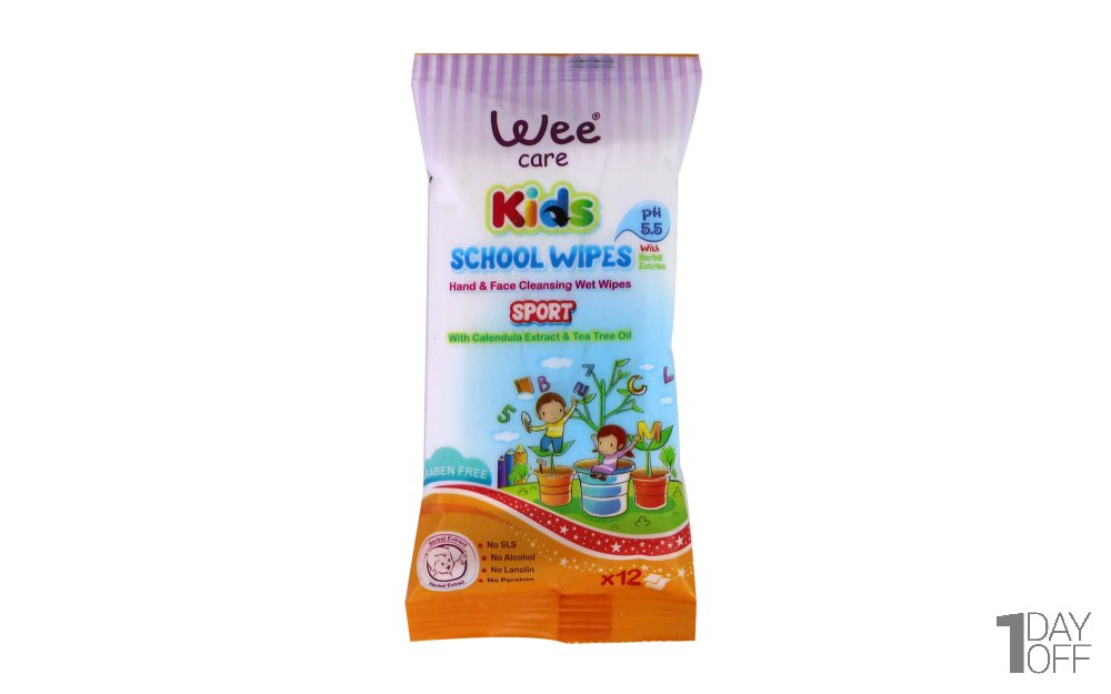 دستمال مرطوب پاک‌کننده دست و صورت مخصوص کودکان بسته 12 عددی وی کر (Wee Care) مدل Sport