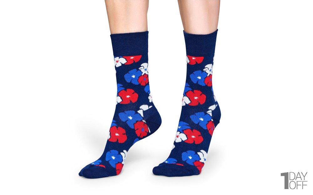 جوراب هپی‌ساکس (Happy Socks) کد 2569  طرح گل‌دار رنگ زمینه سورمه‌ای