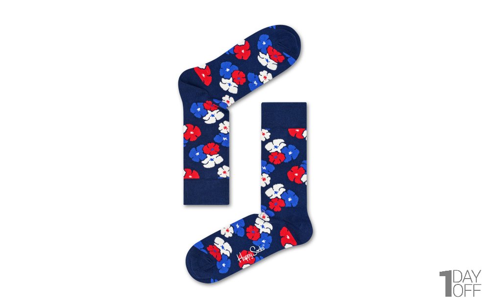 جوراب هپی‌ساکس (Happy Socks) کد 2569  طرح گل‌دار رنگ زمینه سورمه‌ای