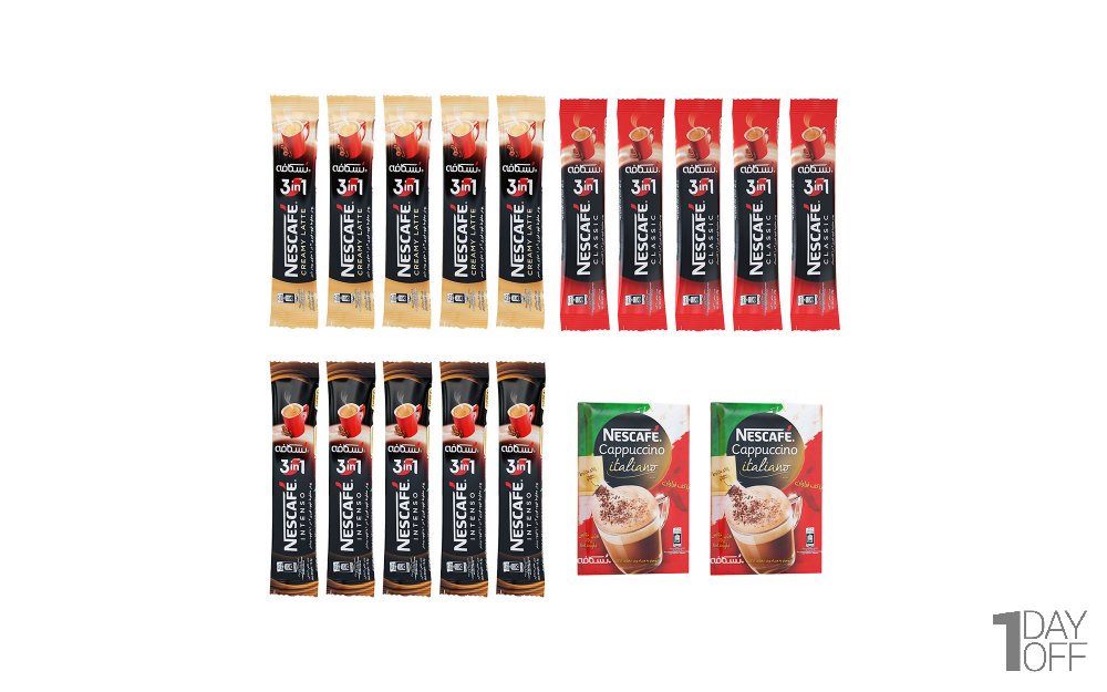 بسته 15 ساشه‌ای ترکیبی پودر قهوه فوری نسکافه (کلاسیک، اینتنسو و لاته) به همراه 2 ساشه کاپوچینو ایتالیانو