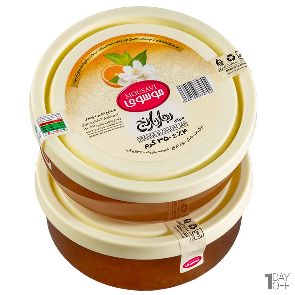 مربا بهار نارنج موسوی با ظرف دردار شیشه‌ای قابل استفاده مقدار 350 گرم