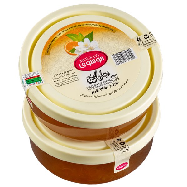 مربا بهار نارنج موسوی با ظرف دردار شیشه‌ای قابل استفاده مقدار 350 گرم