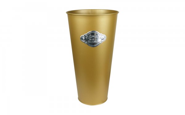 گلدان فلزی سطلی پلاک‌دار ابعاد 40x22x22 سانتی‌متر رنگ طلایی