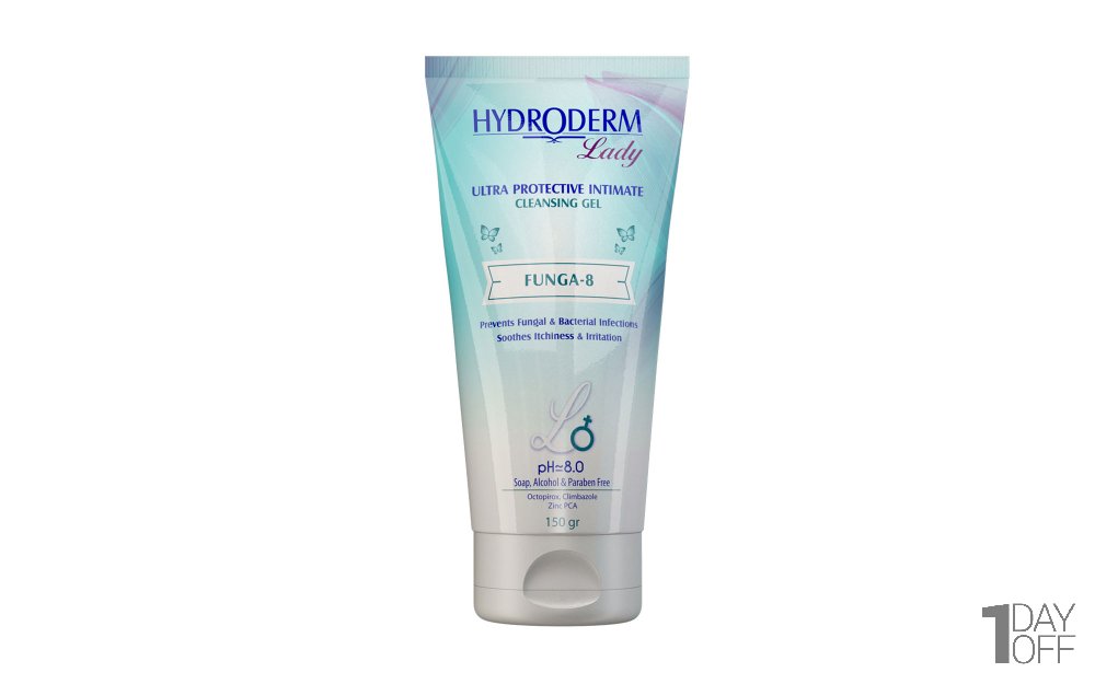 ژل بهداشتی بانوان التیام‌بخش مدل FUNGA-8 هیدرودرم مقدار 150 میلی‌لیتر