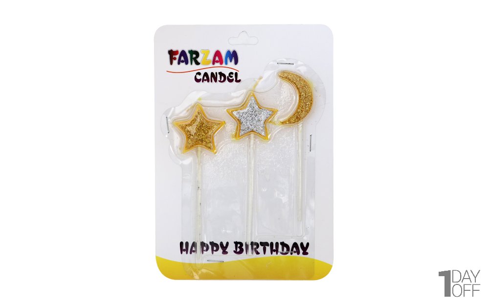 شمع کیک ماه و ستاره فرزام بسته 3 عددی رنگ طلایی و نقره‌ای