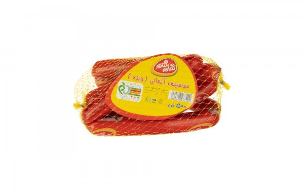 سوسیس آلمانی ویژه 40 درصد گوشت قرمز شام‌شام مقدار 500 گرم  