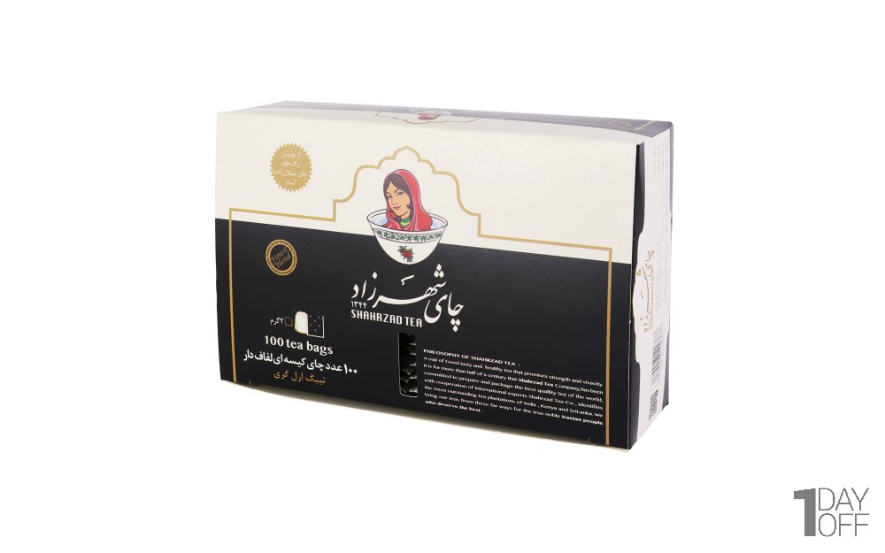 چای ارل‌گری کیسه‌ای لفاف‌دار سیاه مرغوب و معطر شهرزاد بسته 100 عددی