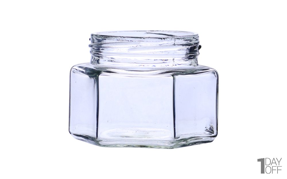 بانکه شیشه‌ای کوچک شش‌ضلعی با در سفید