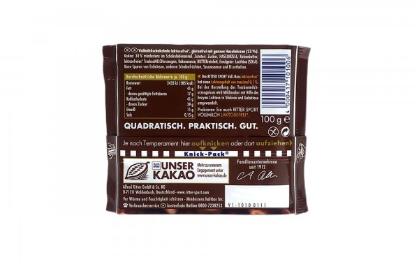 شکلات ریتر اسپرت (Ritter Sport) فندقی بدون گلوتن و لاکتوز مقدار 100 گرم