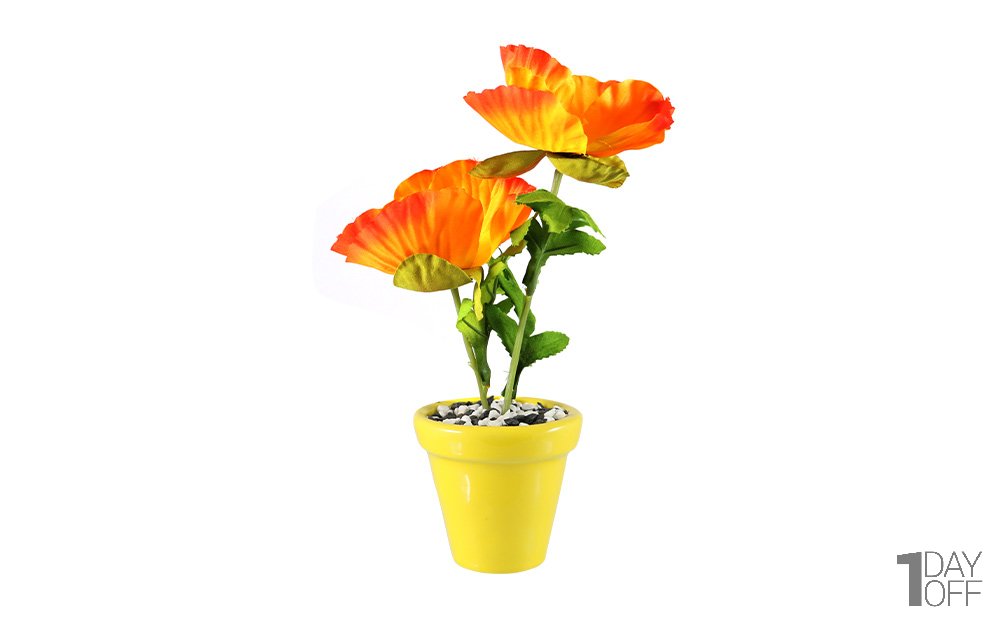 گل شقایق رنگ نارنجی مصنوعی گلدان سرامیکی زرد کد 4