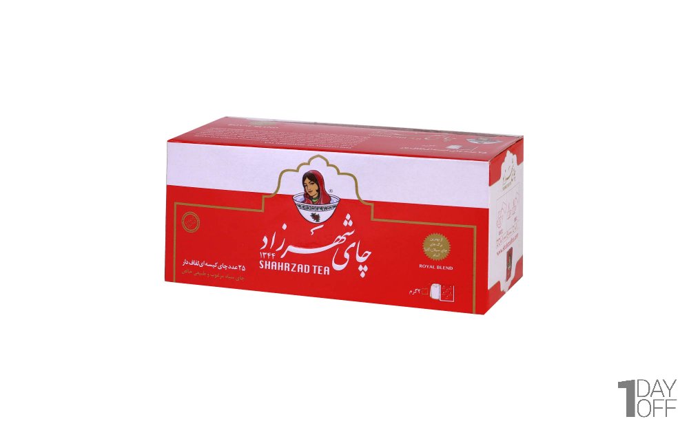 چای کیسه‌ای لفاف‌دار مرغوب و طبیعی خالص شهرزاد رنگ قرمز بسته 25 عددی