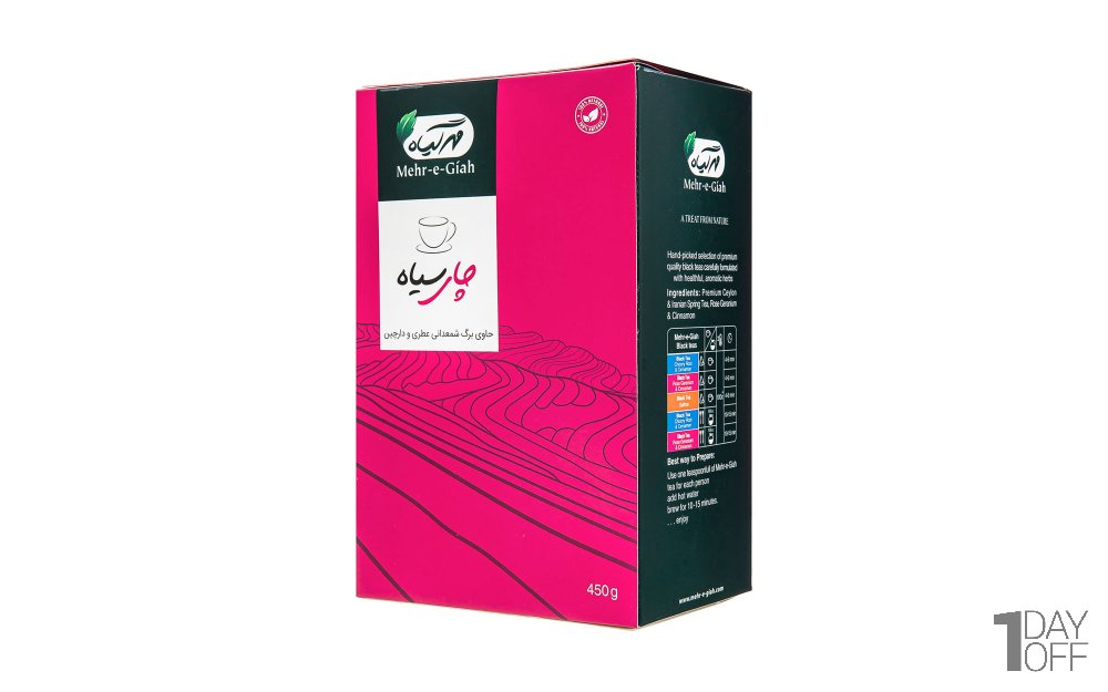 چای سیاه حاوی برگ شمعدانی عطری و دارچین مهرگیاه مقدار 450 گرم
