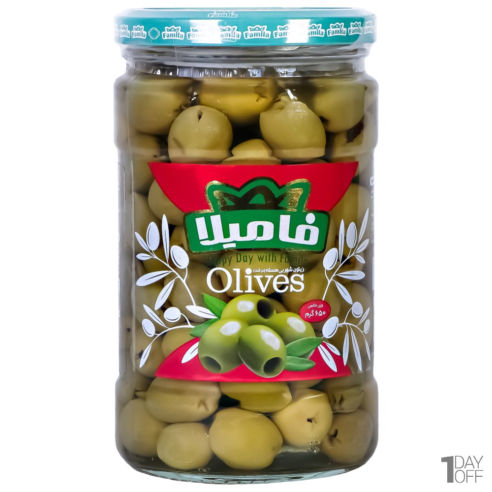  زیتون بی هسته درشت (ویژه) فامیلا مقدار 620 گرم 