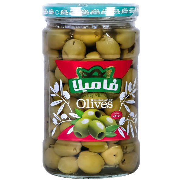  زیتون بی هسته درشت (ویژه) فامیلا مقدار 620 گرم 