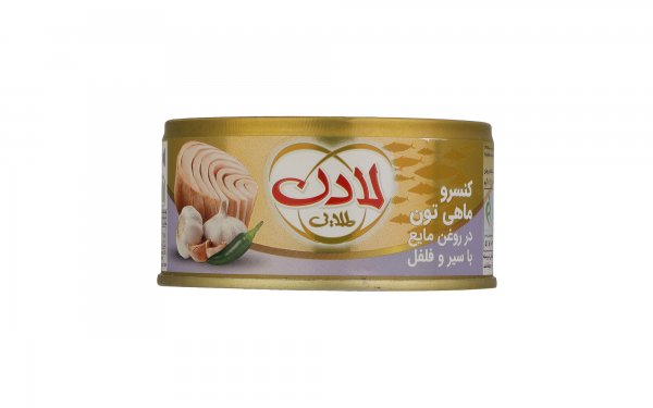 کنسرو ماهی تون در روغن با طعم سیر و فلفل لادن مقدار 180 گرم 