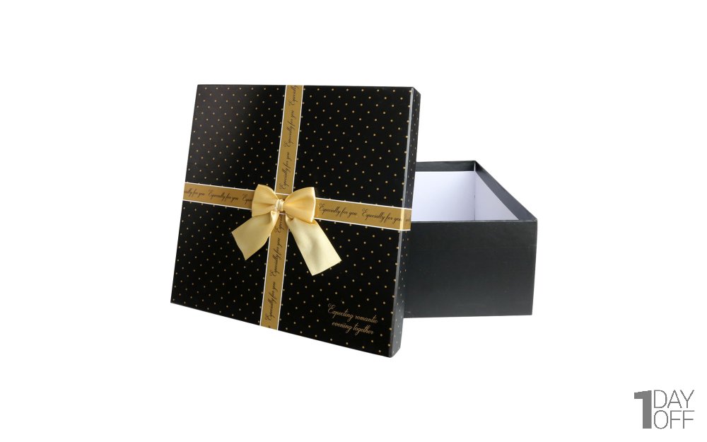 باکس هدیه مکعب رنگ مشکی و طلایی ابعاد 23x23x9.5 سانتی‌متر 