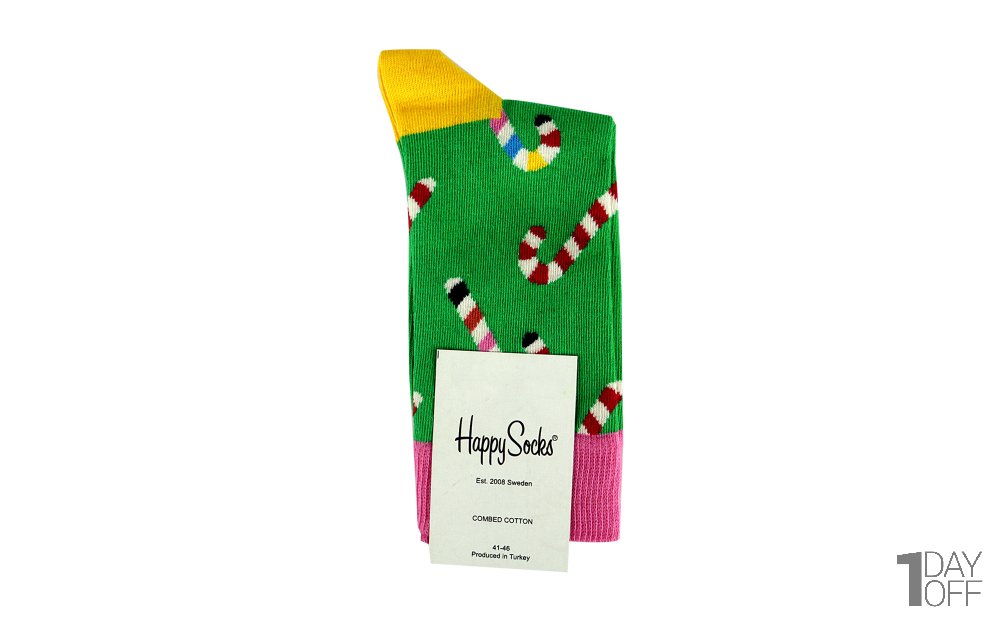  جوراب هپی‌ساکس (Happy Socks) کد 2564 سری کریسمس طرح آبنبات رنگ زمینه سبز