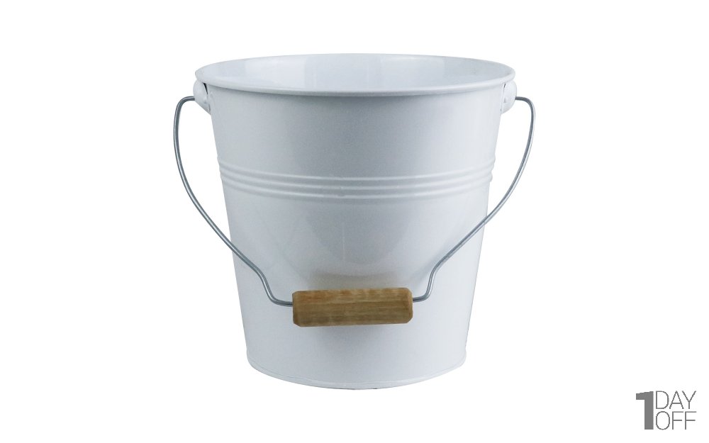 گلدان فلزی سطلی دسته یکسره چوبی تورینگ ابعاد 20x19x14.5 سانتی‌متر رنگ سفید