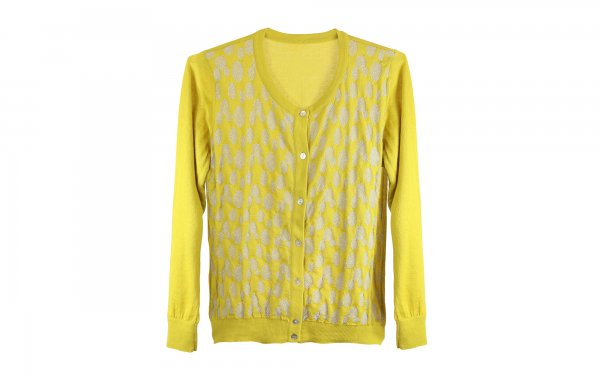 ژاکت بافت زنانه زرد دکمه‌دار باطرح نقره‌ای سایز S