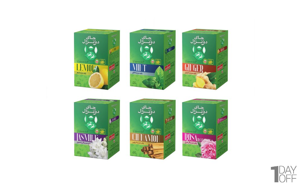 بسته ترکیبی 6 طعم چای سبز دوغزال مقدار هر بسته 100 گرم