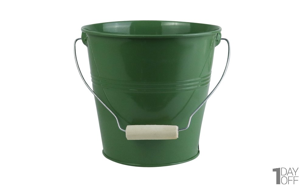 گلدان فلزی سطلی دسته یکسره چوبی تورینگ ابعاد 20x19x14.5 سانتی‌متر رنگ سبز زیتونی