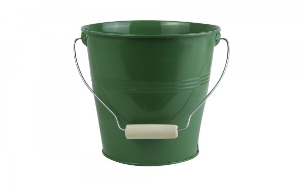 گلدان فلزی سطلی دسته یکسره چوبی تورینگ ابعاد 20x19x14.5 سانتی‌متر رنگ سبز زیتونی