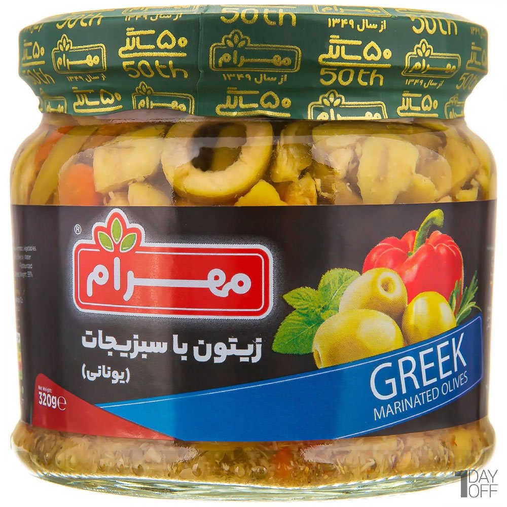 زیتون با سبزیجات یونانی مهرام مقدار 320 گرم