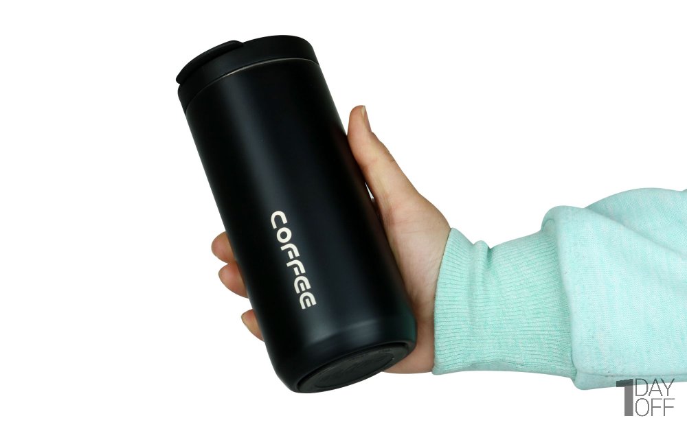 ماگ سفری (تراول ماگ) فلزی با درب وکیوم Coffe رنگ مشکی حجم 350 میلی‌لیتر 