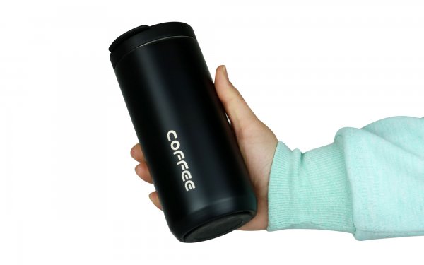 ماگ سفری (تراول ماگ) فلزی با درب وکیوم Coffe رنگ مشکی حجم 350 میلی‌لیتر 