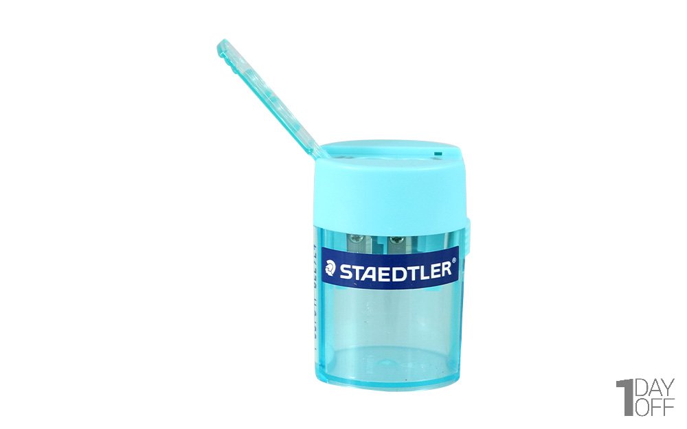 تراش استدلر (Staedtler) مدل 512-006-37 نوع مخزن‌دار دو سوراخه رنگ فیروزه‌ای شفاف 
