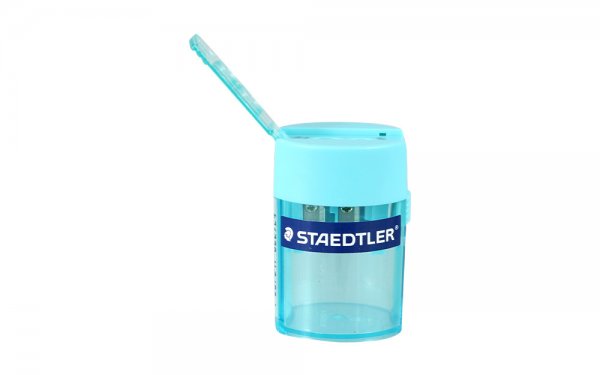 تراش استدلر (Staedtler) مدل 512-006-37 نوع مخزن‌دار دو سوراخه رنگ فیروزه‌ای شفاف 