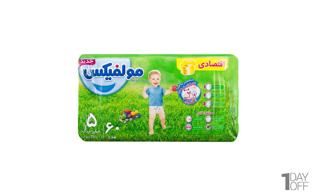 پوشک کامل بچه سایز 5 خیلی بزرگ 11 تا 25 کیلوگرم مولفیکس بسته 60 عددی 
