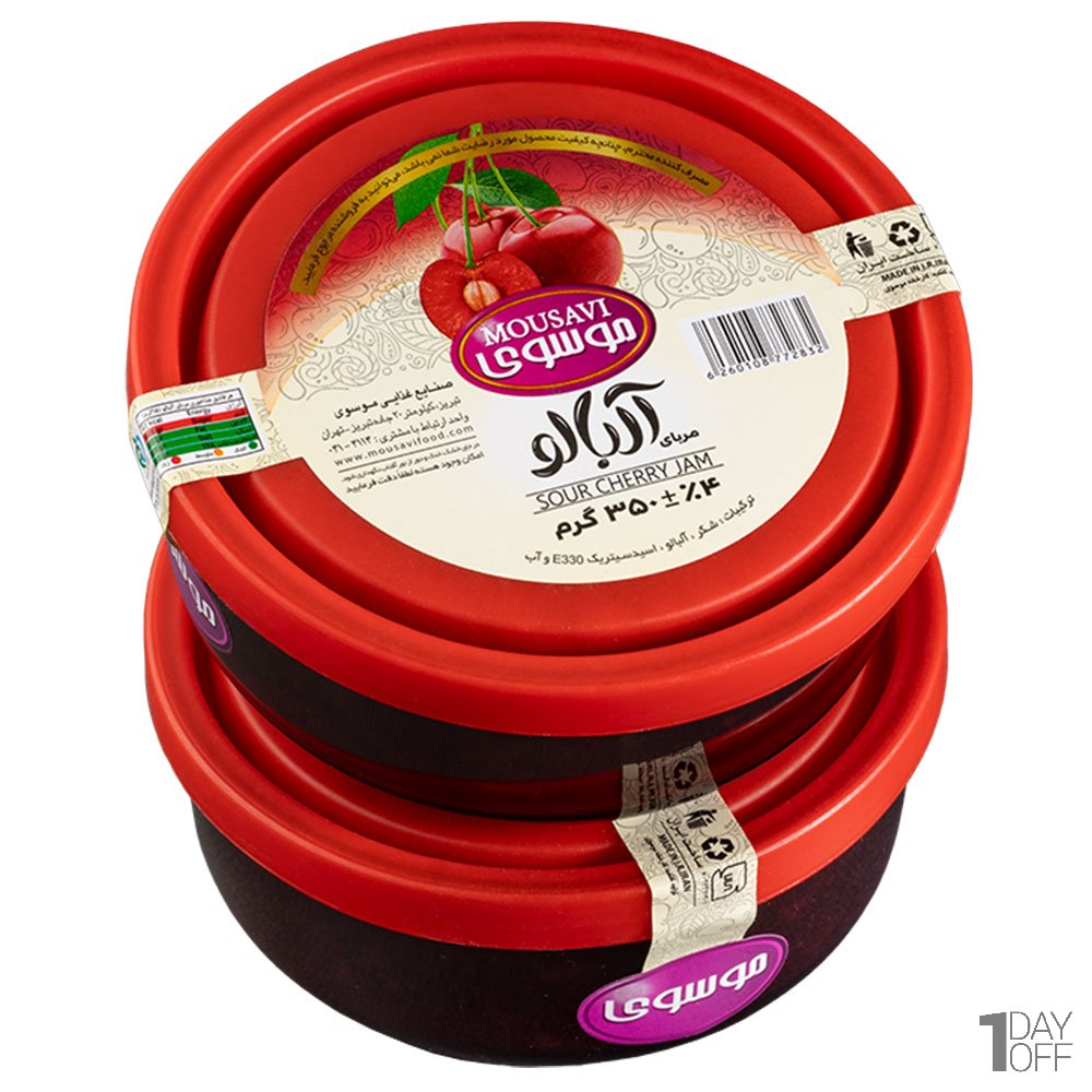 مربا آلبالو موسوی با ظرف دردار شیشه‌ای قابل استفاده مقدار 350 گرم
