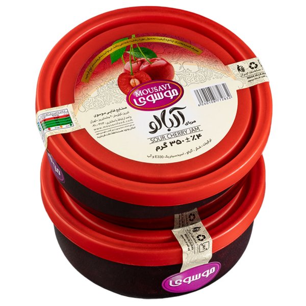 مربا آلبالو موسوی با ظرف دردار شیشه‌ای قابل استفاده مقدار 350 گرم