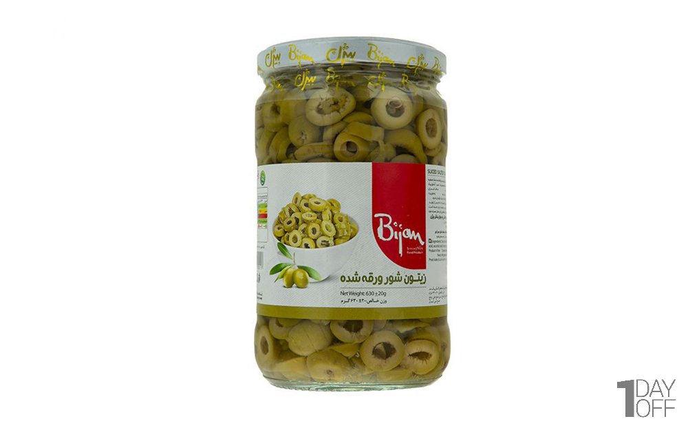 زیتون‌ شور بدون هسته ورقه شده بیژن مقدار 630 گرم