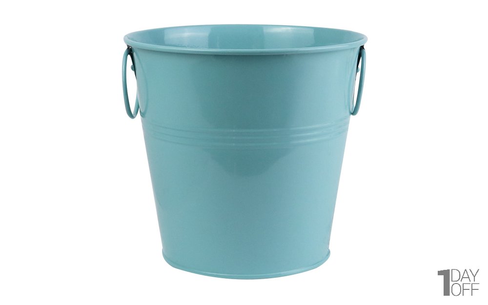گلدان فلزی سطلی دسته‌ حلقه‌ای ابعاد 20x19x14.5 سانتی‌متر رنگ آبی آسمانی