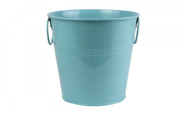 گلدان فلزی سطلی دسته‌ حلقه‌ای ابعاد 20x19x14.5 سانتی‌متر رنگ آبی آسمانی